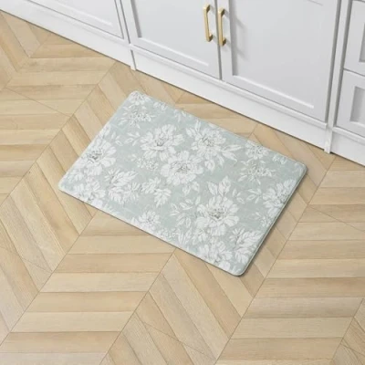 Image of Laura Ashley Anti Fatigue Kitchen Mat, Iris Floral Design, Stain, Water &amp; Fade Resistant, Cooking Standing Relief, Non Slip Backing, Measures 17.5&quot; x 32&quot;, Sage Green