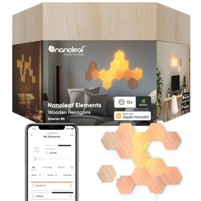 Image of Nanoleaf Elements Hexagon Starter Kit, 13 Wood Look LED Smart Light Panels Dimmable &amp; Modular Wi Fi Wall Mood Lights, Works with Alexa Google Assistant Apple Homekit, for House Room Decor or Desk
