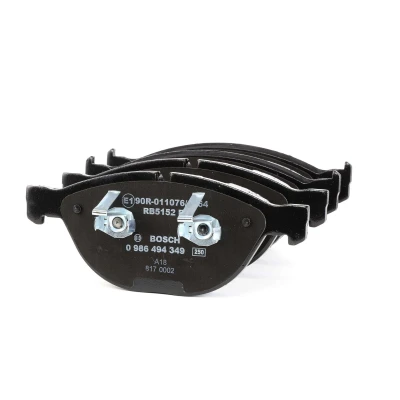 Image of 34116763652 Brake pad set BOSCH 0 986 494 349 Low Metallic with anti squeak plate, piston clip BMW: 5 Saloon, Touring, 7, JAGUAR: XF Saloon