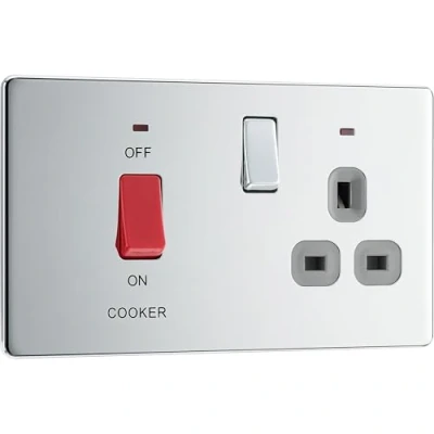 Image of BG Electrical FPC70G 45 A Metal Brushed Steel Double Pole Switch with 13 Socket and Neon Flat Polished Chrome
