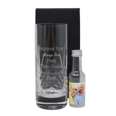 Image of Regalo Engraved Crystal Highball Hiball Glass &amp; Personalised Miniature Bottle of Alcohol Gift Set (Spiced Rum, Mini Bottle/Photo) Wedding/Anniversary 35% vol