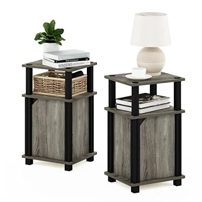 Image of Furinno 3 Tier End Side Sofa Table/Nighstand with Door, Engineered Wood, French Oak/Black, 2 Pack