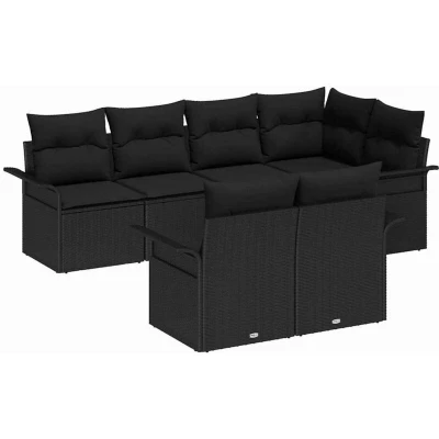 Image of vidaXL 7 Piece Garden Sofa Set with Cushions Black Poly Rattan