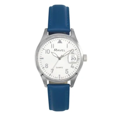Image of Ravel Plus Women&#039;s 34mm Round 3ATM Calendar Watch with Sapphire Coated Lens and Sunray Dial Japanese Analogue Quartz RPD 008L Blue/Silver