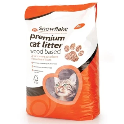 Image of Snowflake 30L Premium Quality Wood Based Cat Litter Pellets, 3 Times More Absorbent than Ordinary Litter, Odour Control, FSC Approved UK Sourced and Manufactured, Biodegradable, 30 Litre, 15 KG