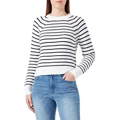 Image of French Connection Women&#039;s Lillie Mozart Stripe Crew Neck Jumper Pullover Sweater, Summer White/Utility Blue, XL
