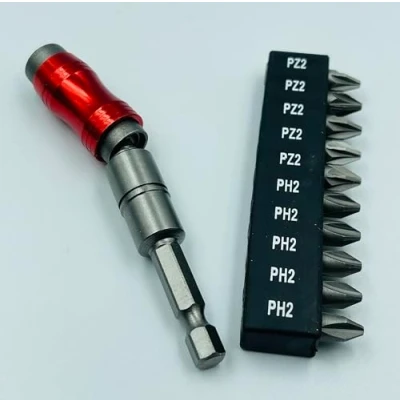Image of UKDD® Angled Bit Holder with 10 bits and 1/4″ Magnetic Hex Shaft 20* Adjustable Head 1/4&quot;