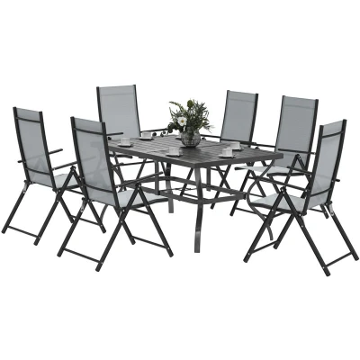 Image of Outsunny 7 Pieces Garden Dining Set, 6 Seater Furniture Set with Parasol Hole, Outdoor High Back Folding Chairs and Square Metal Top Table for Patio, Grey