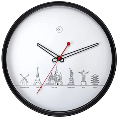Image of NexTime nXt Wall Clock Ø 30 cm Plastic Black/White &#039;Worldtour&#039;, Multi Colour, 30cm