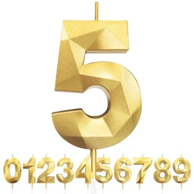 Image of 5th Birthday Candles, Number 5 Candle, Gold Candles for Cake, Diamond 3D Happy Cake Candle Decorations Party Wedding Anniversary Celebration Supplies