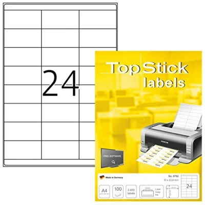 Image of TopStick Self Adhesive Multipurpose Labels, 24 Labels per A4 Sheet, 1000 Sheets, 70 x 33.8 mm, 24000 Blank Universal Stickers, Sticky for Laser &amp; Inkjet Printer, White