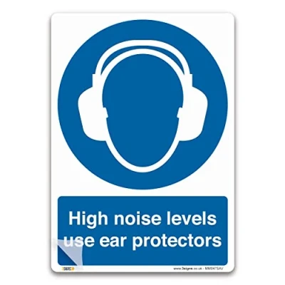 Image of Enhance Safety in High Noise Environments with A4 297x210mm Laminated Self adhesive Vinyl Sticker Levels Use Ear Protectors Sign PPE Mandatory Health and Signs