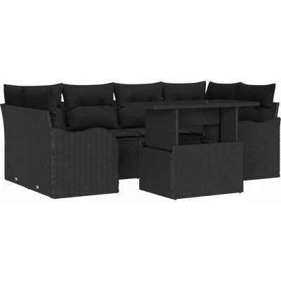 Image of vidaXL 7 Piece Garden Sofa Set with Cushions Black Poly Rattan