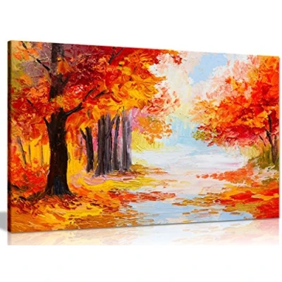 Image of Oil Painting Landscape Colorful Autumn Forest Abstract Canvas Wall Art Picture Print (24x16in)