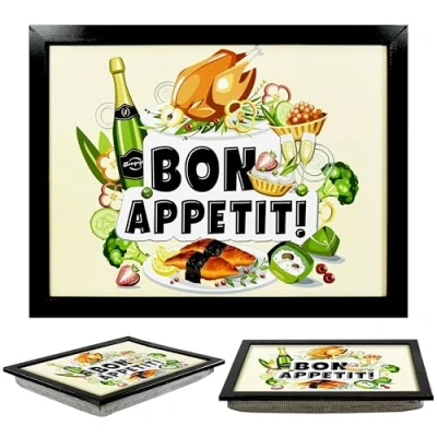 Image of MTS Wooden Lap Trays with Bean Bag Cushion Bon Appetit Design Large Padded Tray for Adults Suitable Food, Work, Art, Studies, TV, Sofa, Bed Great Food Lovers