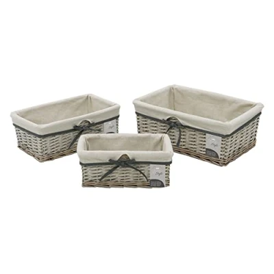 Image of JVL Arianna Rectangular Willow Storage Basket, Set of 3, Grey Wash