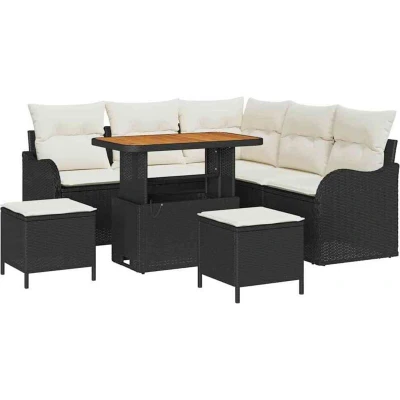 Image of vidaXL 8 Piece Garden Sofa Set with Cushions Black Poly Rattan Acacia