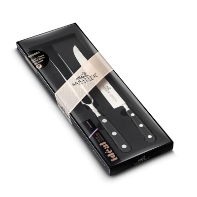 Image of SABATIER Meat Carving Set with 1 Slicing Knife and Fork, 100% forged, stainless steel blades, black POM handles