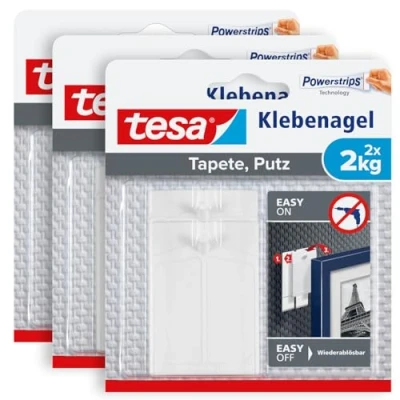 Image of tesa 77776 00500 00 Wallpaper and Plaster Pack of 3 Self Sensitive Surfaces Residue Free Up to 2 kg Holding Capacity per x Adhesive Nails, White, 6 2,0kg