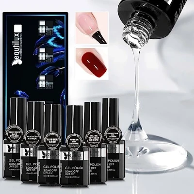 Image of Beautilux Base Top Coat Primer Kit, 6 Pcs 10ml Nail Ruber Rubber Matte Reinforce Builder and Rhinestone Gel, Long Lasting for DIY Art at Home