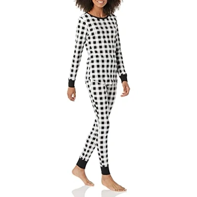 Image of Amazon Essentials Women&#039;s Slim Fit Knit Pyjama Set, Black/White, Buffalo Plaid, S