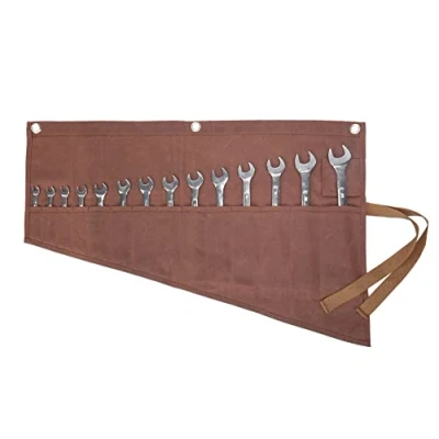 Image of Roll Up tool Bag, Multi purpose Wrench Pouch With Strap, Heavy Duty 16oz Waxed Canvas Organizer Bag,Durable and Waterproof (Brown)