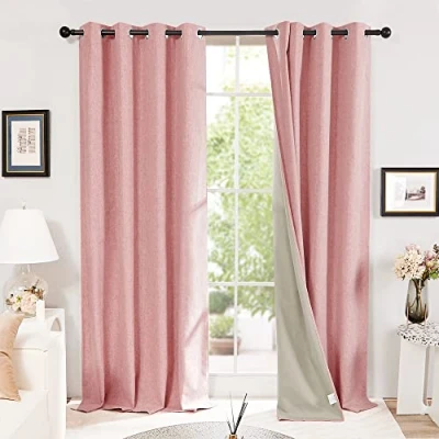 Image of Deconovo Noise Reduction Faux Linen Curtains Full Blackout Eyelet Thermal Insulated for Girls Bedroom Blush Pink W52 x L72 One Pair