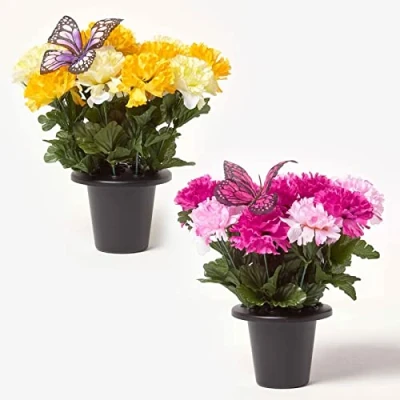 Image of HOMESCAPES Set of 2 Yellow &amp; Pink Carnation Grave Vases Artificial Flowers with Butterfly Decoration in Vase/Pot, 30 cm