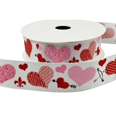 Image of Luxury Love, Valentines, Anniversary, Birthday, Christmas Ribbon Various Designs &amp; Lengths (22mm Heart with Bow Arrow Grosgrain, 1 Metre)