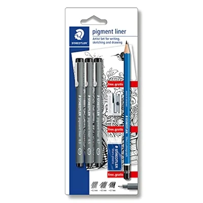 Image of STAEDTLER 308 SBK3P Pigment Liner Fineliner Pen Assorted Fineliners, HB Pencil, Sharpener &amp; Eraser (Blistercard of 6 Pieces)