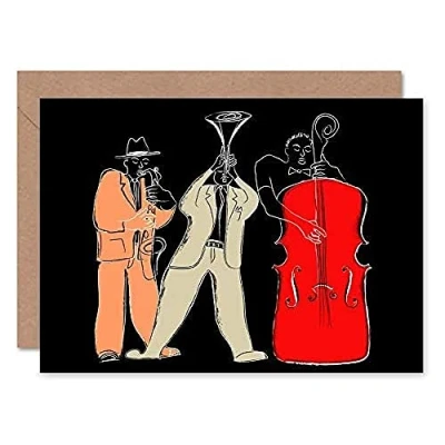 Image of Wee Blue Coo Musicians Jazz Modern Illustration Greeting Card With Envelope Inside Premium Quality