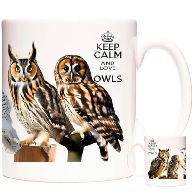 Image of KAZMUGZ OWL COFFEE MUG Barn Owl, Eagle Snowy Little Long Eared Tawny Owl.11oz ceramic mug. Keep Calm Love Owls