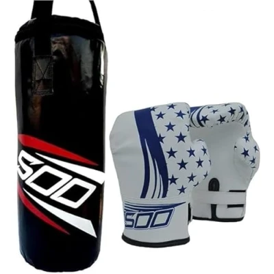 Image of 2ft Unfilled Boxing Punch Bag with Kids Junior Gloves, for Youth MMA, Martial Art Thai Training 2oz Gloves Punching Mitts MMA Kickboxing Karate Home Gym (Blue/White)