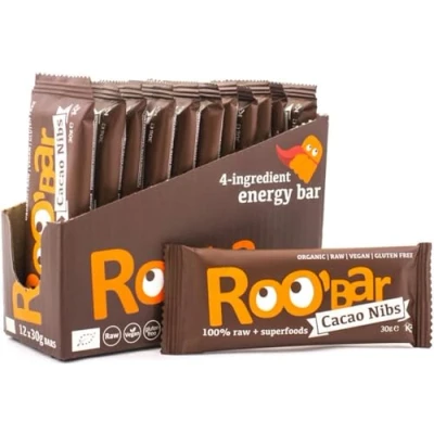 Image of Roobar Cacao Nibs Raw Bar Dairy &amp; Gluten Free. 100% Organic, Vegan with Superfoods. No Added Refined Sugar 12 x 30g Bars
