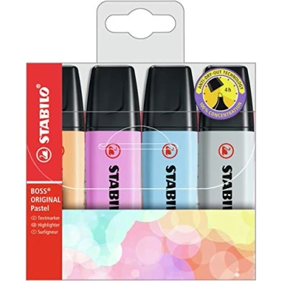 Image of STABILO Highlighter BOSS ORIGINAL Pastel Pack of 4 Pale Orange, Cloudy Blue, Frozen Fuchsia, Dusty Grey