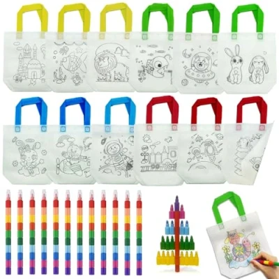 Image of ICEPAPA, 12 DIY Graffiti Bags for Kids and Stacking Crayons(10 Colours in 1), Colouring Sets, Ideal Reusable Party Favours