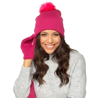 Image of Ladies Bobble Hat &amp; Touch Screen Gloves Set GL550C Pink