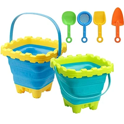Image of TRIXES 2PK Collapsible Bucket and Spade Set Ideal for Holiday Silicone Design Minimise Space in Luggage Premium Quality Childrens Essential Summer Gift 6 pieces