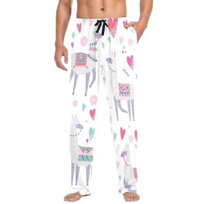 Image of Mens Pyjama Bottoms Cute Alpaca Llama Love Heart Pyjamas Loungewear 100% Cotton Trouser Nightwear PJs Pants for Men Boys