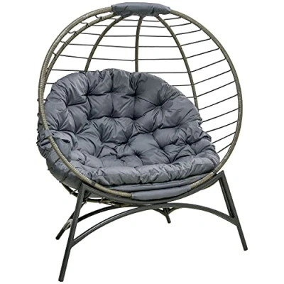 Image of Outsunny Folding Rattan Egg Chair, Freestanding Basket Chair with Cushion, Bottle Holder Bag for Outdoor or Indoor, Grey