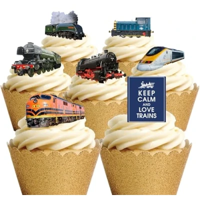 Image of 18 Stand Up Steam Engine Diesel Electric Train Themed Edible Wafer Paper Cake Toppers Decorations