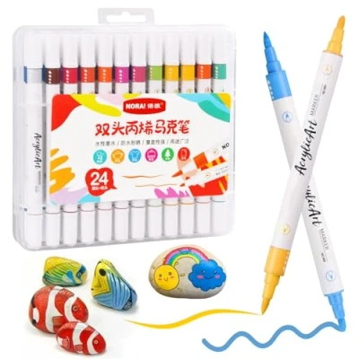 Image of Surcotto Colouring Pens, 24 color Acrylic Paint Washable Pens For Kids, Dual Tip Markers Children, Art Marker Pen Wood, Fabric, Plastic, Glass, Mugs, Rock Painting PCS