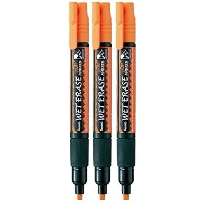 Image of Pentel Orange Wet Erase Chalk Marker Pens Metal Glass Plastic Stone Blackboard Chalkboard 4mm Chisel Nib With 1.5mm Line Width SMW26 FO (Pack Of 3)