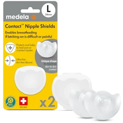 Image of Medela Contact Nipple shields BPA free, made from ultra thin soft silicone, includes 2 and case, 24 mm, large