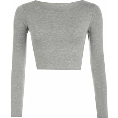 Image of Womens Crop Long Sleeve T Shirt Ladies Short Plain Round Neck Top Fitness Workout Running Shirts Cropped Tops (Grey UK 12 14)