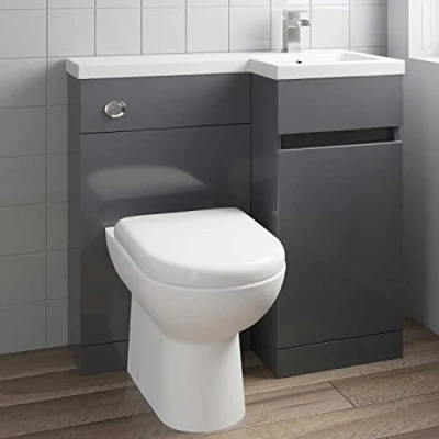Image of Artis 900mm L Shape Bathroom Vanity Sink Unit Furniture Storage, Right Hand Gloss Grey + Basin+ Ceramic D Shaped Toilet with Concealed Cistern