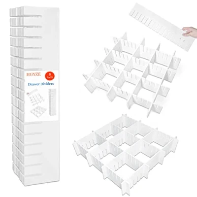 Image of HGYZE Drawer Dividers,42x9cm Kitchen Organizer Set of 8 Adjustable Dividers Separator for Clothes Makeup Storage Dresser, Desk &amp; Dresser in Bathroom, Bedroom (White)
