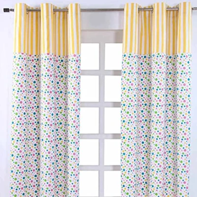 Image of HOMESCAPES 100% Cotton Unlined Eyelet Curtain Pair Polka Dot Multi Blue Yellow White 117cm (46&quot;) Wide x 137cm (54&quot;) Drop