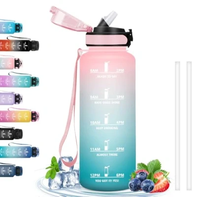 Image of Drinking Bottle 1.5 Litres, with Straw, Gym Bottle, Can Be Carried, Water Time Marking, Sports for Camping, Hiking, Running, Yoga, Fitness,