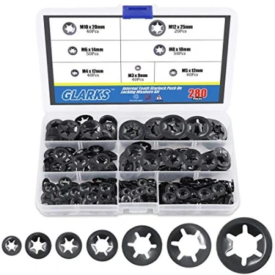 Image of Glarks 280Pcs Internal Tooth Starlock Push On Locking Washers Speed Clips Fasteners Assortment Kit
